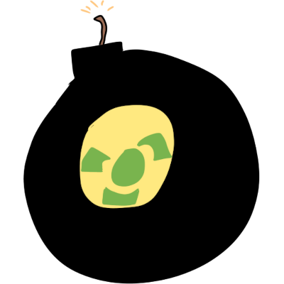 a cartoony black bomb with a sparking fuse and a yellow and green radiation symbol on it.